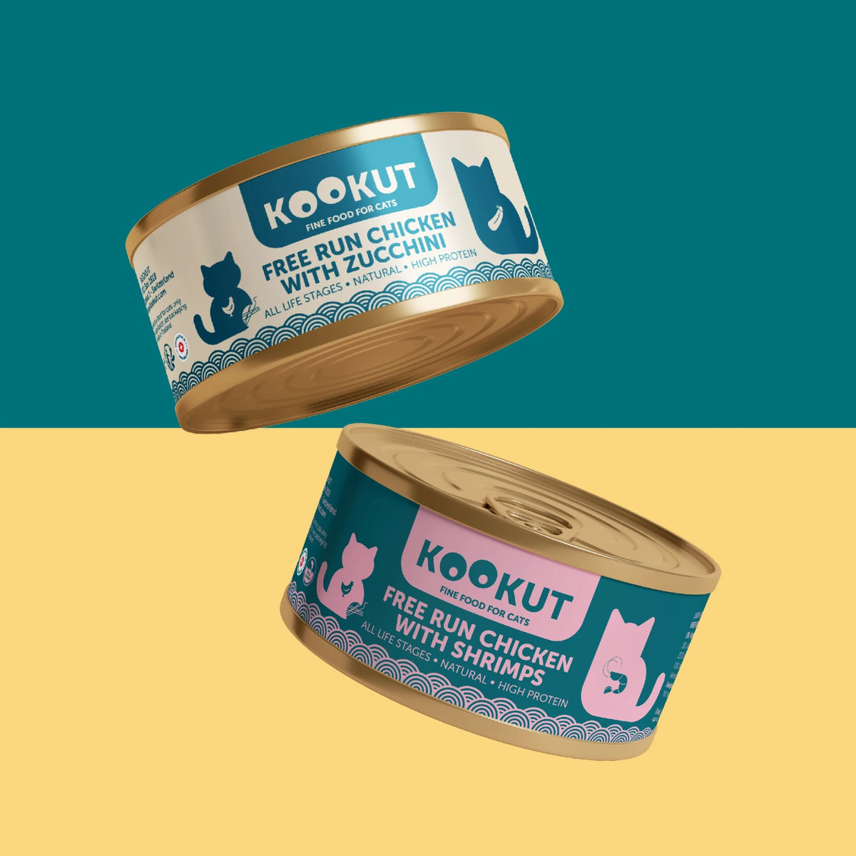 Two Kookut cat tins: free-run chicken with zucchini and with shrimps